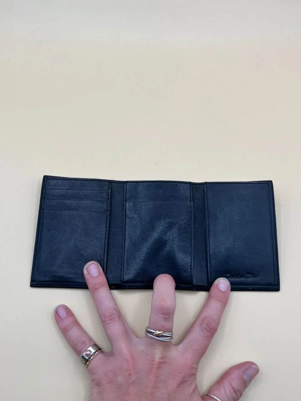 Christian Dior Vintage Black Leather Bifold Wallet Embossed Logo Card Slots Bill